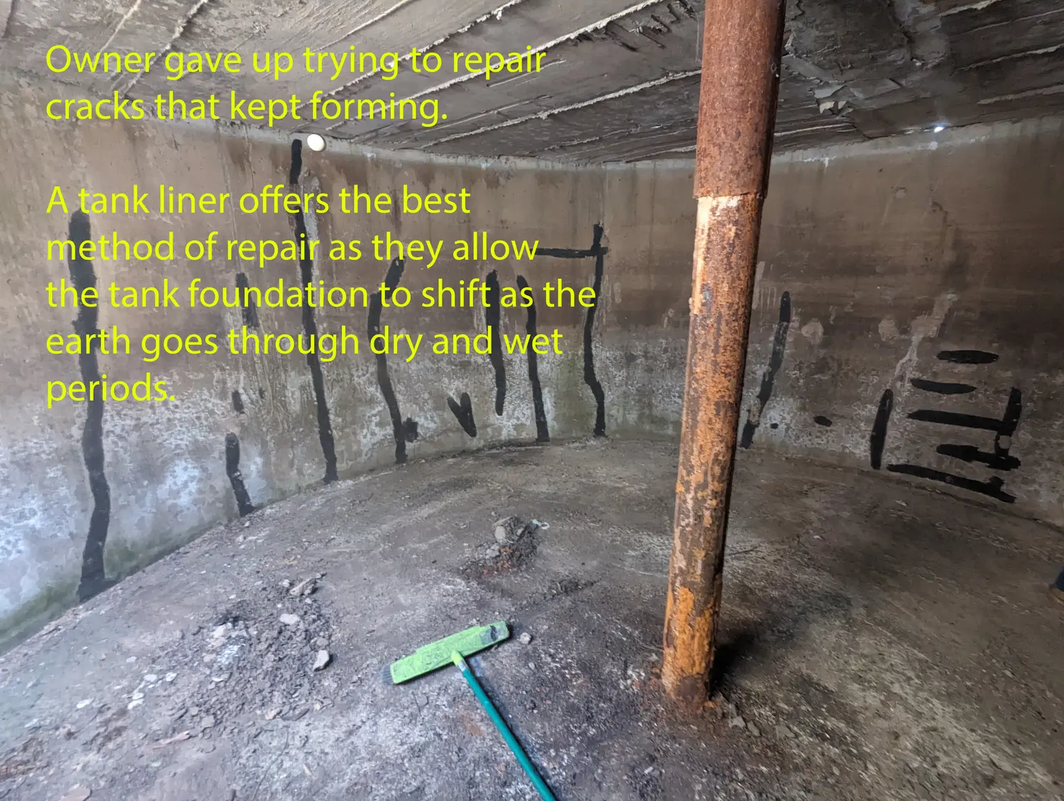 Cracked concrete water tank wall before liner installation
