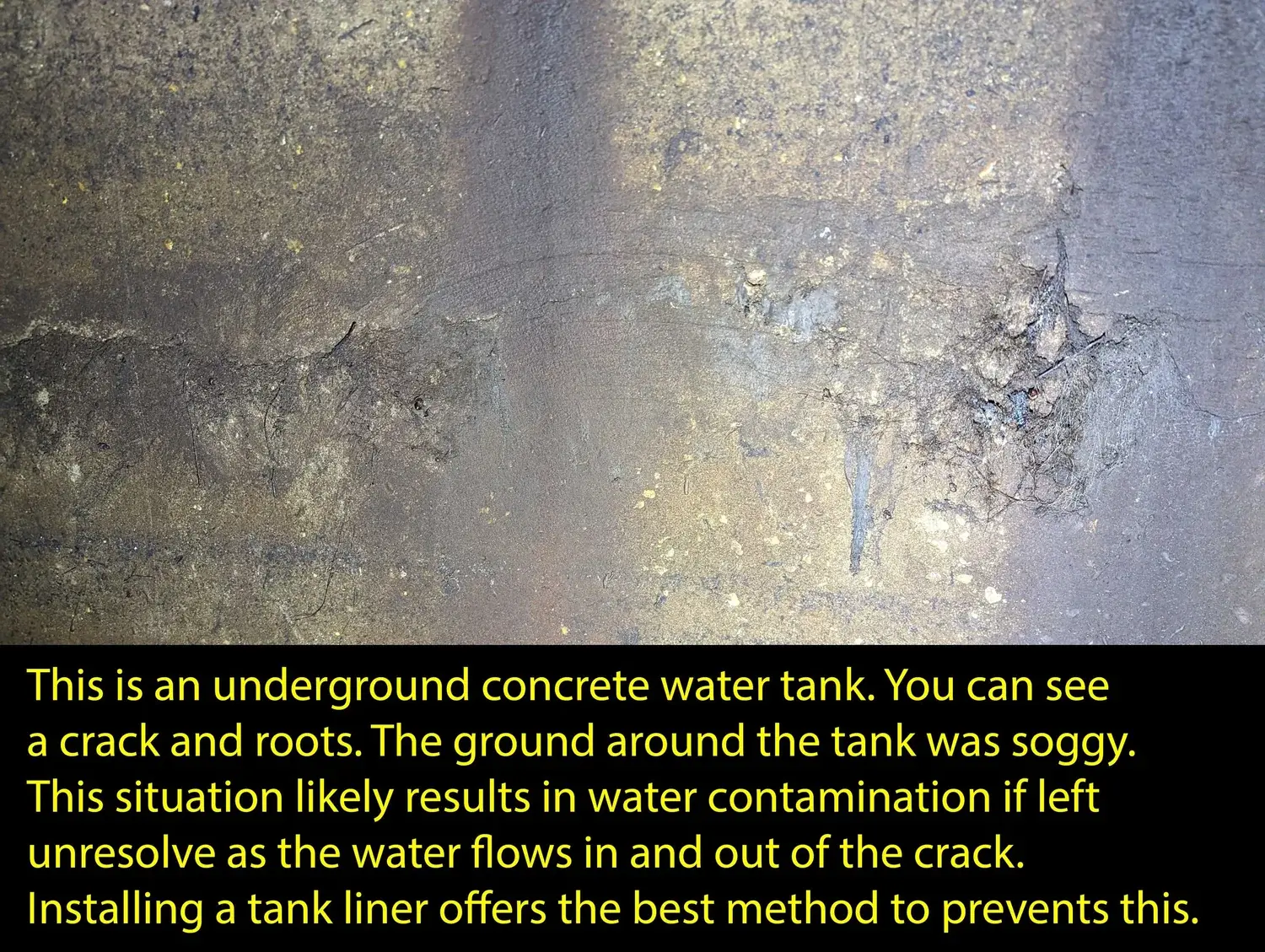 Cracked interior of an underground concrete water tank